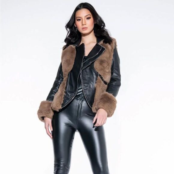 NWT Azalea Wang Faux Fur Leather Moto Jacket -Black & Brown - Size 1X - Picture 2 of 16